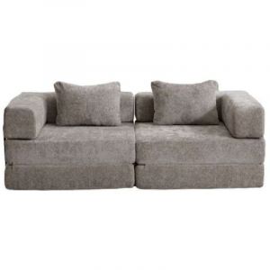 Canap&eacute; 2 places en tissu bouclette gris clair, style contemporain et assise profonde