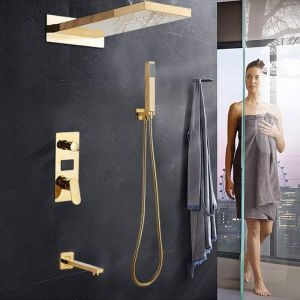 Gojoy &ndash; Colonne de douche thermostatique dor&eacute;e &ndash; Pomme de douche &agrave; effet pluie &ndash; Douchette &agrave; main &ndash; Flexible 150 cm &ndash; Indicateur LED temp&eacute;rature