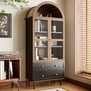 Buffet haut de cuisine, meuble de rangement 2 portes 2 tiroirs, &eacute;tag&egrave;res r&eacute;glables, MDF et verre, 70x38x165cm, cmfinition noyer