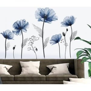 1 ensemble Stickers Muraux Fleurs Bleues Grand Autocollant Mural Fleurs Bleu Coquelicot Plante Décoration Murale Salon Chambre Salle de Bain - Csparkv