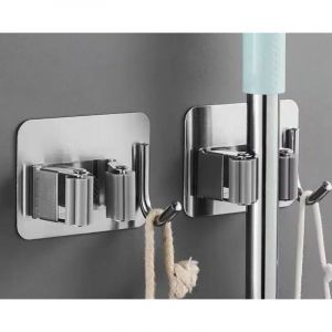 Accroche Balai Mural 5 Pi&egrave;ces, Porte Balais Mural sans Percage, Support Balais Mural Adhesif avec Crochet, Range Balai Acier Inoxydable, Porte Outils