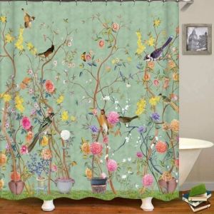Rideau de douche Plante branches fleurs oiseaux anneaux inclus 3D effect imperm&eacute;able 180 x 200 cm