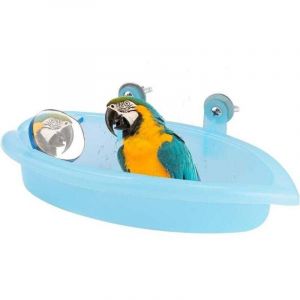 Baignoire Perroquet Bo&icirc;te de Douche de Bain d'oiseaux avec Miroir Baignoire Suspendue Jouet Accessoire de Cage &agrave; Oiseaux (Bleu)