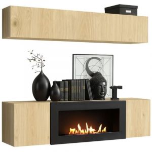 Composition murale FLY &ndash; Ch&ecirc;ne clair &ndash; Vitrine horizontale et meuble TV avec chemin&eacute;e bio-&eacute;thanol