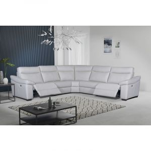 Canap&eacute; d'angle double relax en 100% tout cuir &eacute;pais de luxe italien avec 2 relax &eacute;lectrique, 6/7 places, dakota, blanc cass&eacute; - Blanc cass&eacute;