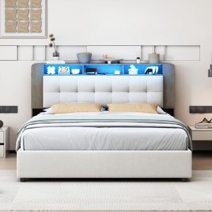 Lit Adulte 160x200,Lit Coffre 160x200 Lit Double Led et Chargement Sans Fil Lit avec Chevet IntéGré Lit Capitonné Lit de Rangement Tete de Lit avec