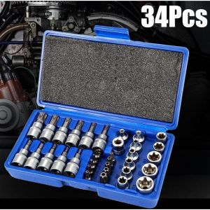 Coffret de 34 douilles cl&eacute; douille int&eacute;rieur ext&eacute;rieur embout &eacute;toile torx femelle