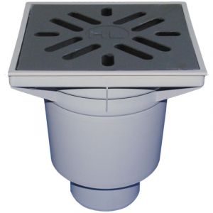 Siphon vertical 'Perfekt' DN110, support de grille en plastique 244x244mm, grille en fonte 226x226mm, collecteur d'impuret&eacute;s, co