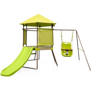 Design In - Portique Balan&ccedil;oire 4 en 1 Enfants Aire de Jeu M&eacute;tal Cabane Couverte Si&egrave;ge B&eacute;b&eacute; R&eacute;glable Toboggan &Eacute;chelle Vert CW55419
