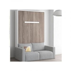 Les Tendances - Lit escamotable vertical 90x200 avec canap&eacute; tissu Kimber-Coffrage Noyer-Fa&ccedil;ade Blanche-Canap&eacute; Noir