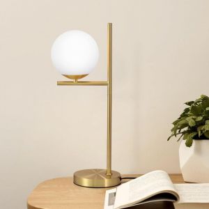 Lampe de Table Moderne pour Salon - Lampe de Chevet Dorée avec Interrupteur, Design Industriel en Métal et Verre Blanc, Lampe de Chevet en Laiton