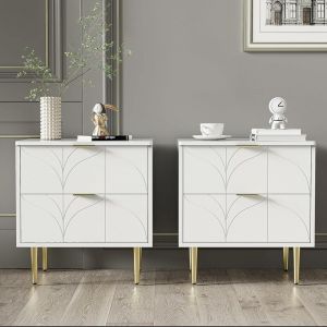 Need - Lot de 2 Tables de Nuit Moderne avec Tiroirs, Table de Chevet Blanc avec Pieds et Boutons Dorés, Table d'Appoint au Bout de Canapé au Motif