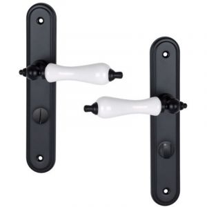 Ouvre&D&eacute;co - 2 poign&eacute;es de porte BELLEVILLE verrou condamnation, b&eacute;quille Porcelaine blanc entraxe 195 mm