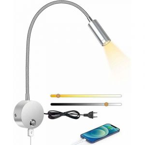 ZVD - Liseuse murale, liseuse murale led avec interrupteur tactile et port de charge usb, liseuse de chevet 3W rotative à 360°, 3000-6000K, argent