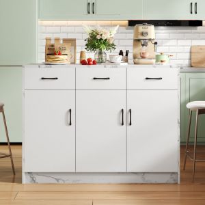 Desserte de cuisine avec 3 tiroirs et 3 portes, plateau en marbre, &eacute;tag&egrave;res r&eacute;glables, silencieux, design, 120x60x90 cm, Blanc