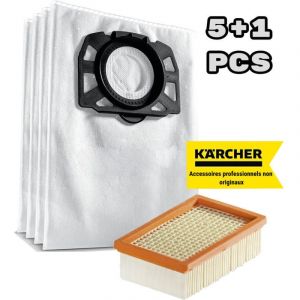 Convient pour Kärcher WD 4, WD 5, WD 6, WD 4290 / 5200 M / 5300 M / 5600 MP Sac filtre à peluches + filtre plat plissé (pack de 5+1)