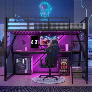 Lit Mezzanine avec Bureau et Garde-Corps-LED Int&eacute;gr&eacute;e-Escalier-Cadre Acier Noir-98x204x160,5cm-Sans Matelas