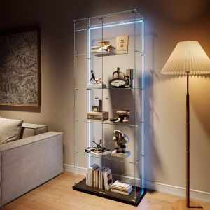 Vitrine en verre avec LED, Armoire Vitrine vitrine pour collection avec 2 Porte 5 &eacute;tag&egrave;res, Vitrine meuble de rangement pour salon, bureau, chambre &agrave;