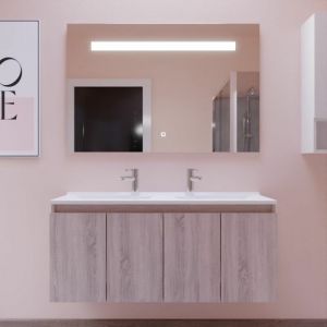Cuisibane - Meuble proline 120 cm avec plan double vasque et miroir Elégance ht80- Bois- Plan vasque en Résine