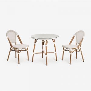 Sklum - Ensemble table ronde Brielle Bistro (80 cm de diamètre) et deux chaises de jardin empilables en aluminium Blanc Gardenia