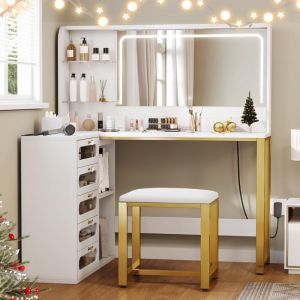 Dans Les Nuages - Coiffeuse avec miroir rectangulaire, capitonn&eacute; tabouret, &eacute;clair&eacute; led, 5 tiroirs de rangement, 2 &eacute;tag&egrave;res, commode en bois, Style