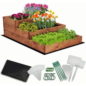 MODO24 Carr&eacute; potager sur&eacute;lev&eacute; en bois, 3 niveaux en cascade, 27x60x93 cm, jardin/terrasse, kit jardinier inclus, brun impr&eacute;gn&eacute;