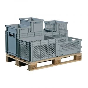 Conteneur de transport gerbables L600xl400xH220 mm gris PP poignée traversante parois latérales ajourées