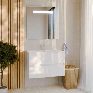 Cuisibane - Meuble salle de bain 80 cm rosaly avec plan vasque et miroir Elégance ht80- Blanc- Plan vasque en Céramique