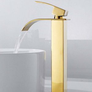 Ymyny - Robinet salle de bain lavabo haut cascade bec pour vasque,Mitigeur eau froide et chau moderne carré chromé trou simple (Doré)