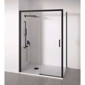 Paroi de douche angulaire 1 coulissante + 2 fixes - Verre 6mm - Noir mat - Largeur 100-105x67-70 - Porte droite - Hauteur 195cm