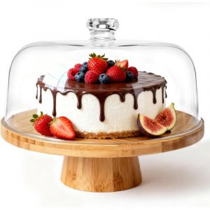 Pr&eacute;sentoir &agrave; G&acirc;teau Sur Pied avec Couvercle, 6in1 Cloche &agrave; G&acirc;teaux Multifonctionelle, Support G&acirc;teau en Bois Rotatif pour P&acirc;tisserie/Desserts