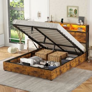 Lit coffre double 140x200 cm, avec éclairage d'ambiance LED à couleurs changeantes, télécommande 24 boutons, avec port USB, mécanisme de levage