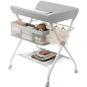 Table &agrave; langer pliable pour b&eacute;b&eacute;, &Eacute;tag&egrave;re &agrave; langer Combinaison &agrave; langer R&eacute;glable en hauteur avec panier de rangement,Roue Verrouillable,Gris