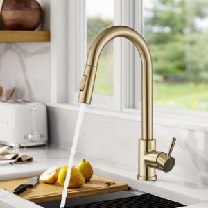 Suguword - Robinet de Cuisine avec Douchette Extractible‌ Bec rotatif 360° - 2 modes d'eau - Col de cygne haut - Mono levier en laiton - Finition or
