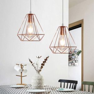E27 M&eacute;tal Suspension Luminaire Lampe Industrielle Vintage Plafonnier Luminaire Cage Diamant Pendant Eclairage Dor&eacute; Rose 2PCS