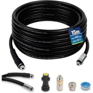 Furet d&eacute;boucheur canalisation 15 m 400 Bar compatible Karcher K2-K7 &ndash; Tuyau flexible haute pression avec accessoires pour nettoyage de tuyauterie