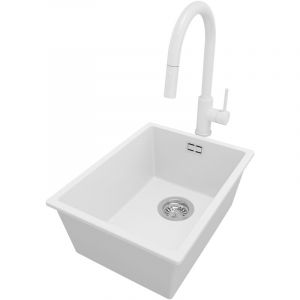 Primagran - Evier Cuisine en Granit 36x47cm, Lavabo 1 bac + Robinet 40x20cm + Kit de Vidage, Évier à Encastrer au meuble 40cm - London Slim, Blanc