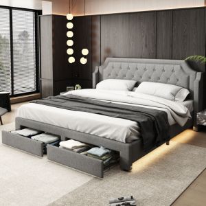Lit double 180x200 cm lit capitonné avec sommier à lattes en bois, tête de lit, 2 tiroirs sous le lit et led, en lin, gris, sans matelas