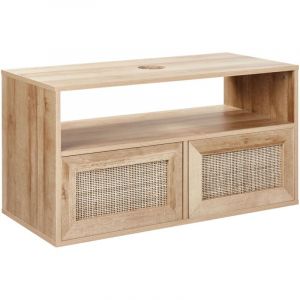 Meuble de Lavabo Boho Suspendu Fa&ccedil;ade Tress&eacute;e en Rotin 86 x 45 cm Rangement Bois Clair Rosell