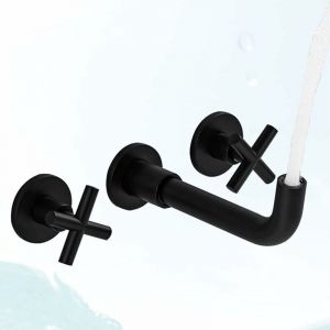 Mitigeur de lavabo Robinet de salle de bain mural noir mat mitigeur de lavabo en laiton &agrave; double poign&eacute;e avec valve brute incluse