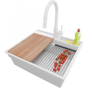 Evier Cuisine en Granit 58x53cm, Lavabo 1 bac + Kit de Vidage + Accessoire, Évier à Encastrer au meuble 60cm - Oslo Pocket, Tout Blanc - Primagran