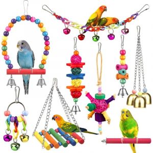 Jouets pour Oiseaux avec &Eacute;chelle Color&eacute;e, Hamac, Cage, Perchoir et Accessoires &agrave; M&acirc;cher &agrave; Suspendre pour Perroquet, Perruche, Calopsitte, Ins&eacute;parable