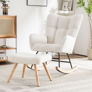 Hauss Spole - Rocking chair avec repose-pieds, chaise &agrave; bascule, fauteuil relax, confortable, structure en bois d'h&eacute;v&eacute;a, blanc - b