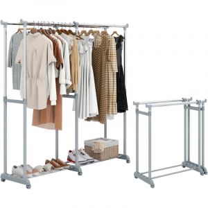 COSTWAY Portant a Vetement Double sur Roulette, Penderie Vetement Solide Extensible, Hauteur R&eacute;glable 94-169 cm, Largeur R&eacute;glable 107-168 cm, Porte