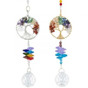 Lot de 2 attrape-soleil en cristal avec arbre de vie, perles m&eacute;talliques color&eacute;es, pendentif en cristal Feng Shui, d&eacute;coration de jardin