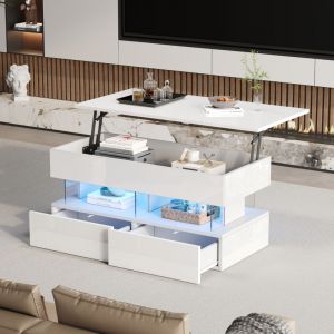 Table basse relevable blanc, rectangulaire, avec LED, 2 tiroirs, table de salon/chambre, 120x50x46 cm, MDF + verre