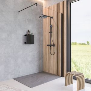 Paroi de douche à l'italienne, profilé noir à clipser, paroi fixe Walk In style industriel, NewStyle Atelier Schulte verre transparent 6mm, 120 x 200