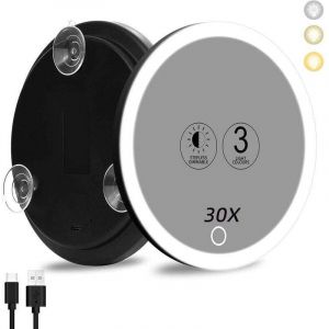 Miroir grossissant 30x avec lumi&egrave;re, Grand Miroir 10cm 3 Couleurs avec &eacute;clairage tamis&eacute; 30x avec 3 ventouses, grossissant 30x