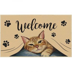 Tapis de porte &laquo; Bienvenue Chat &raquo;, tapis d'entr&eacute;e antid&eacute;rapant motif empreintes de pattes d'animaux, d&eacute;coration familiale, tapis de porte en
