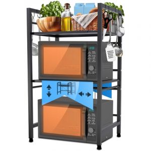 &Eacute;tag&egrave;re &agrave; micro-ondes 3 niveaux avec huit crochets inclus hauteur 78 cm largeur r&eacute;glable en m&eacute;tal noir 100009032